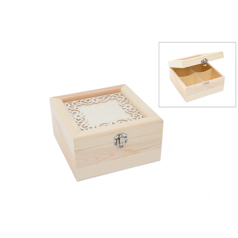 CAJA P/ TÉ 4DIV. 16.5X16.5X9CM  C/ CRISTAL