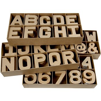 Letras, números y símbolos de papel maché - 160 unidades
