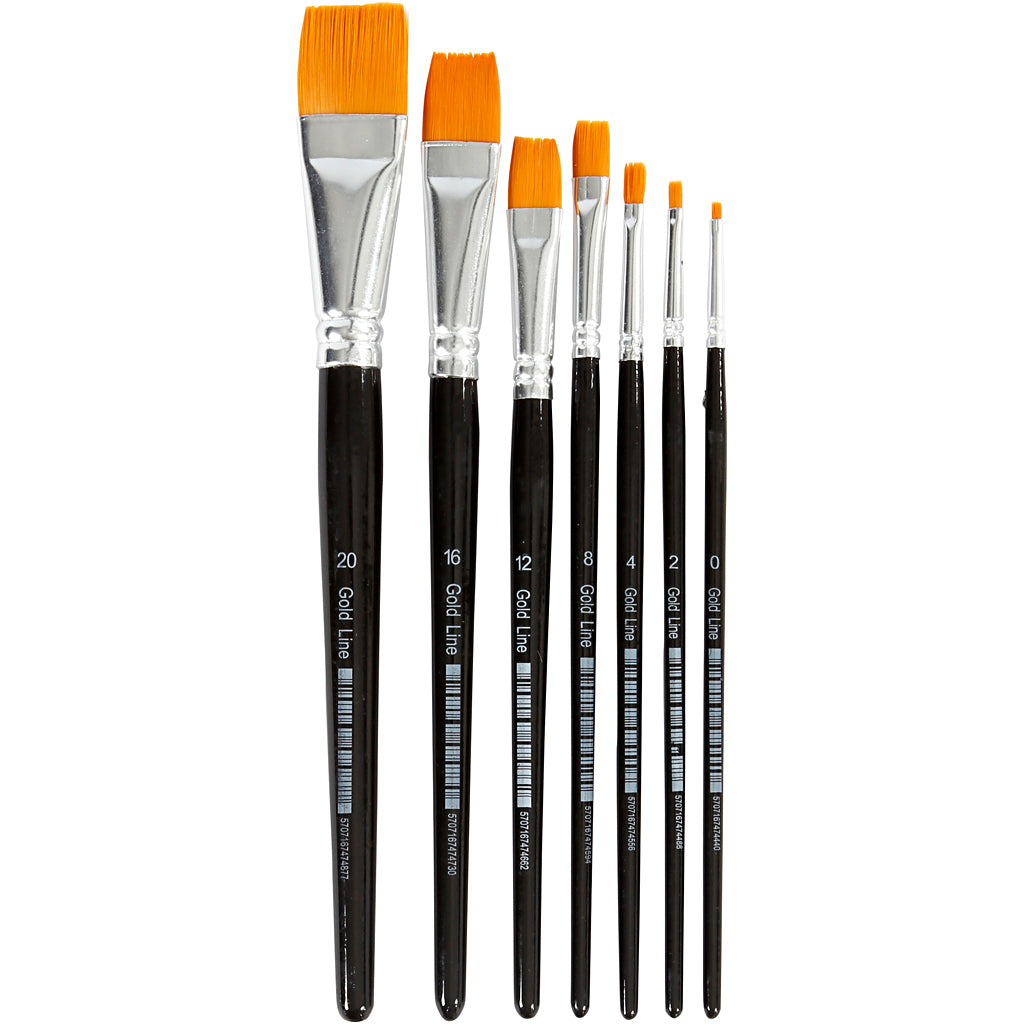 Pinceles de nylon planos surtidos n.º 0+2+4+8+12+16+20 — 7 ud