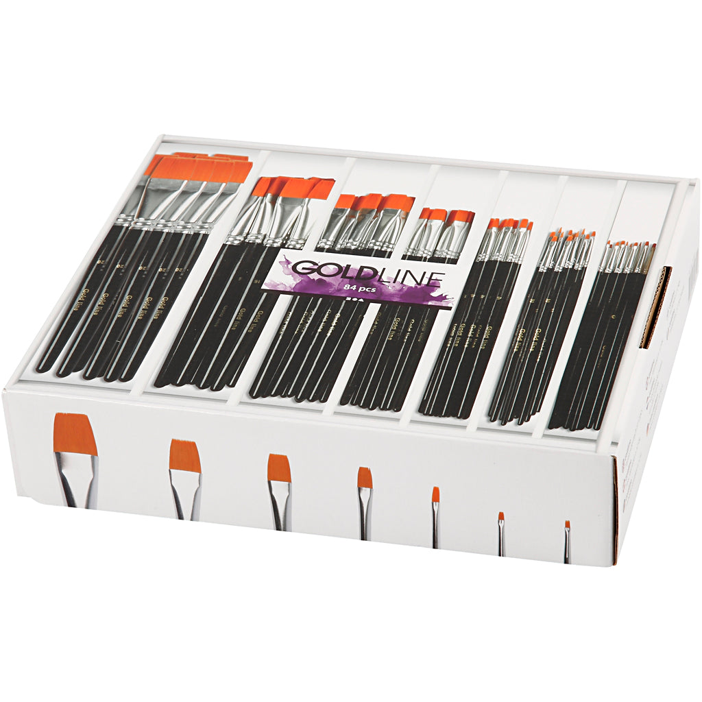 Pinceles de nylon planos surtidos n.º 0+2+4+8+12+16+20 — pack aula 84 ud