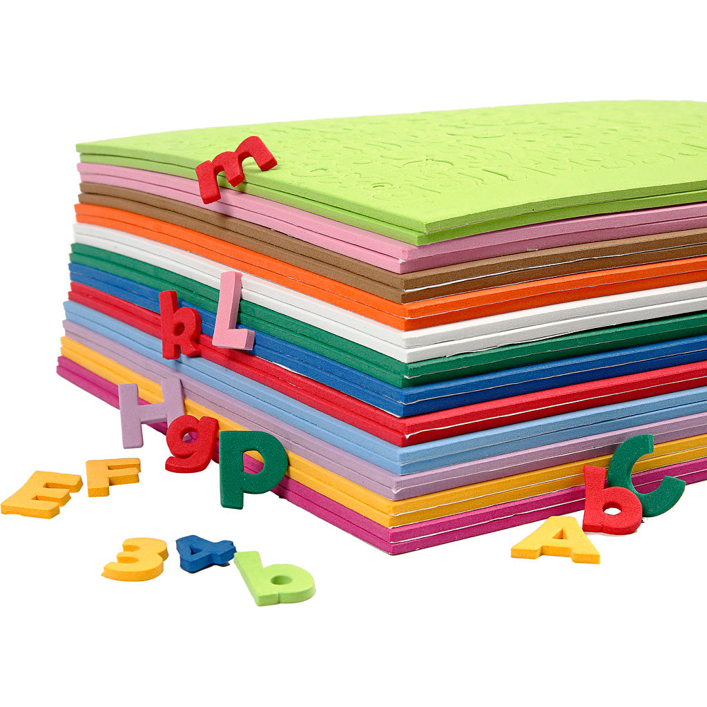 Pegatinas EVA con letras y números colores surtidos — 24 hojas surt. (1 pack)