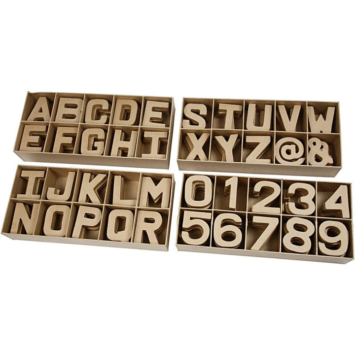 Letras, números y símbolos de papel maché - 160 unidades