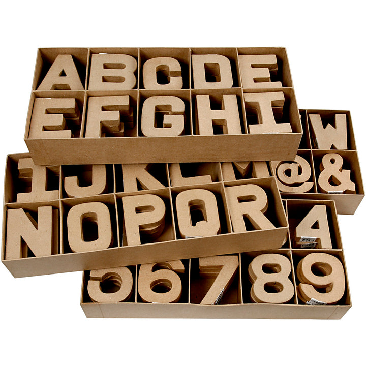Letras, números y símbolos de papel maché - 160 unidades