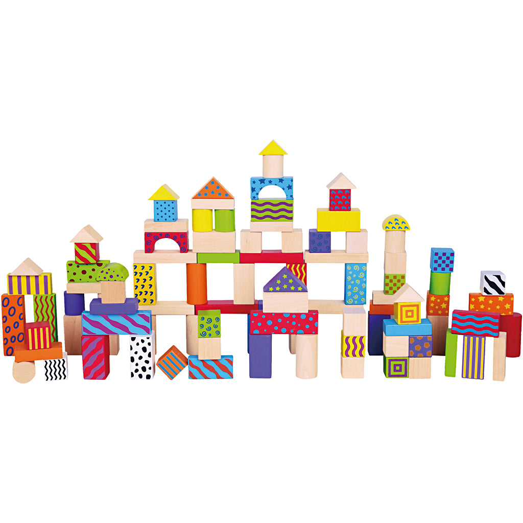 Bloques de madera con patrón VIGA colores surtidos 3 cm — 100 piezas (1 set)