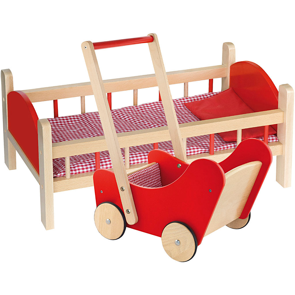 Cama y carrito de muñecas VIGA rojo — 2 piezas (1 set)