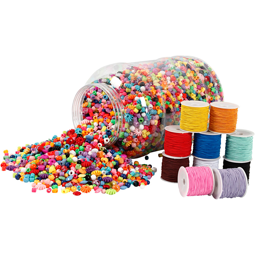 Cubo cuentas plástico y cordones elásticos — 1 set