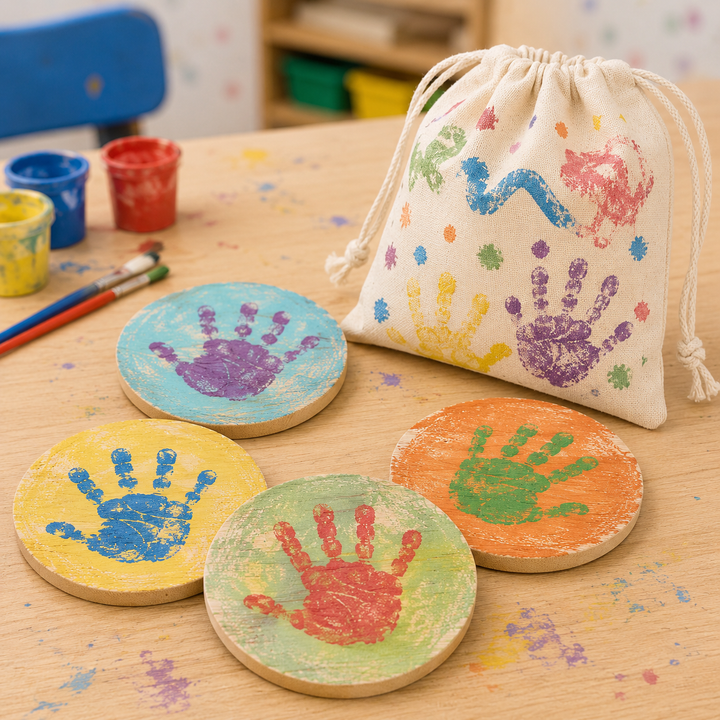 Posavasos de madera 4 bases y bolsita de tela